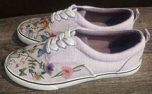 Women's 5 Lavender purple Floral Tie Canvas Sneakers Casual Shoes NEW decoupage